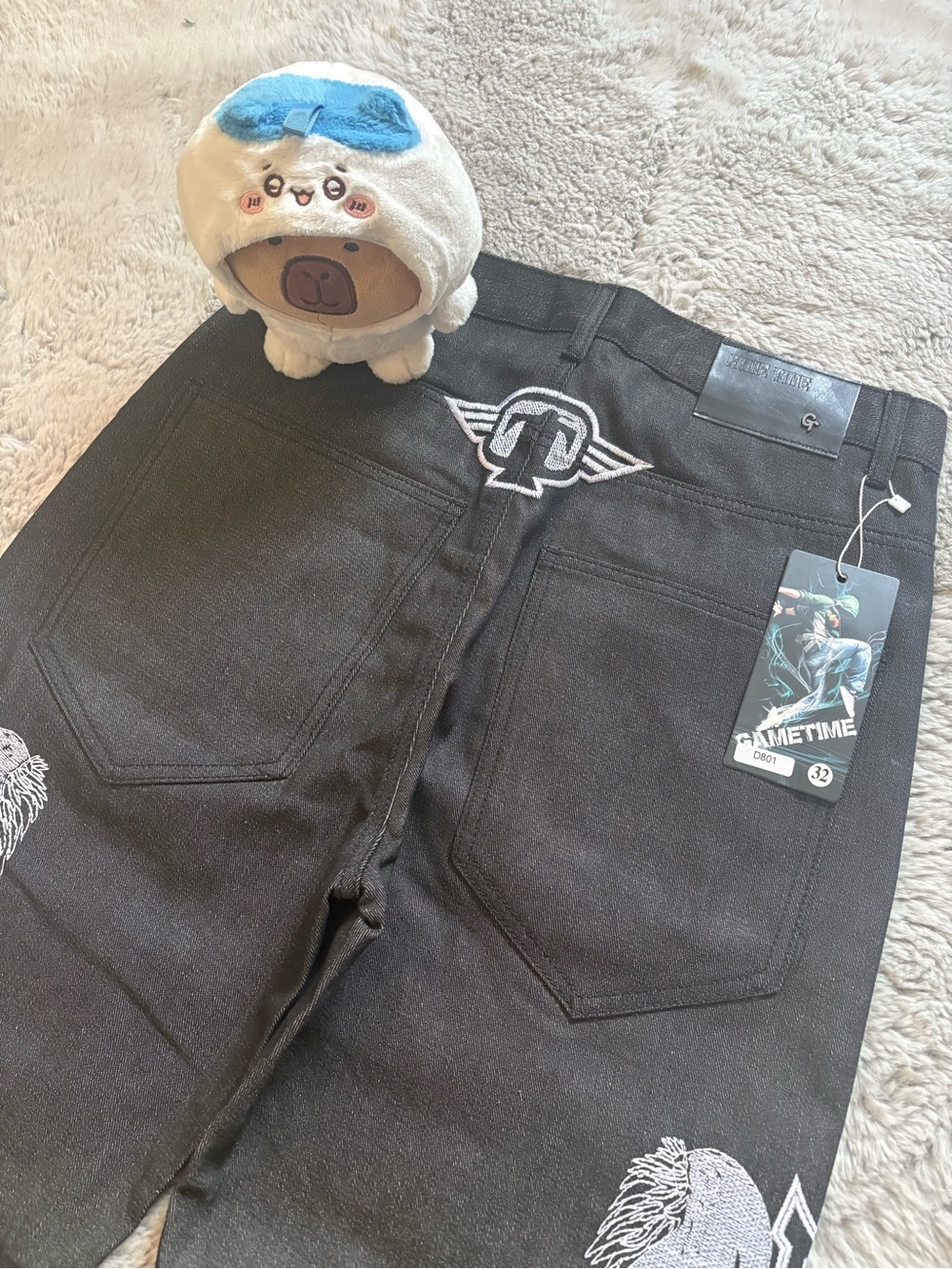 Game Time Men's Black Straight Jeans with White Embroidered Logos